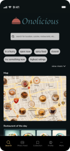 Prototype of Onolicious mobile app. Logo at the top, search bar, preset filters, map, and restaurant of the day.
