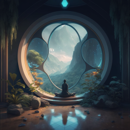 figure sitting by a circular window with a spacious landscape